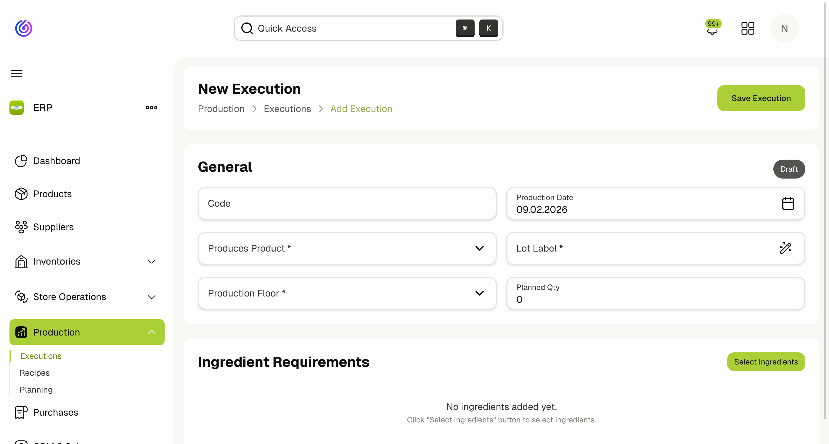 Add Production Execution Form