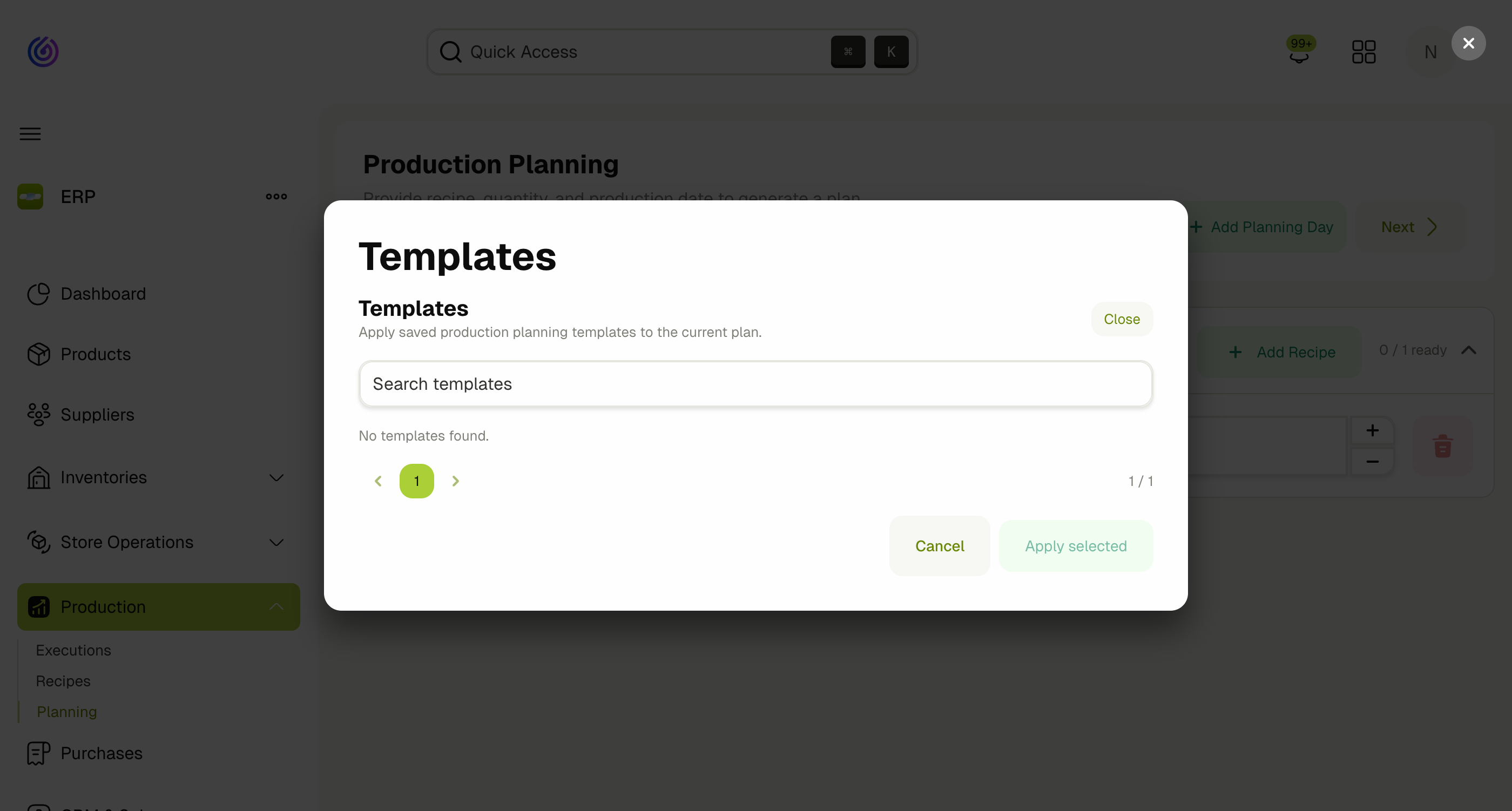 Production Planning Templates Dialog