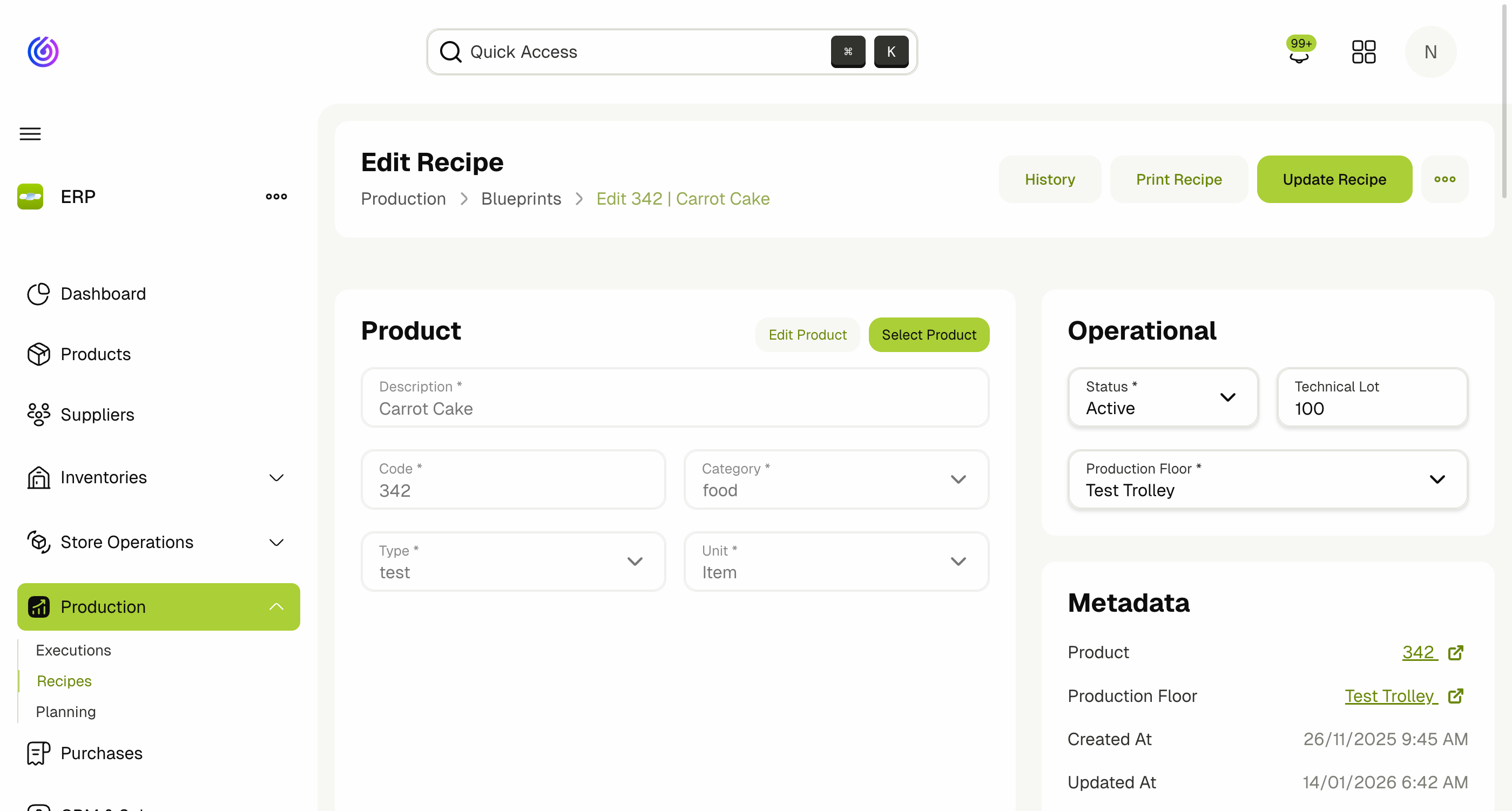 Recipe Detail — Product & Operational