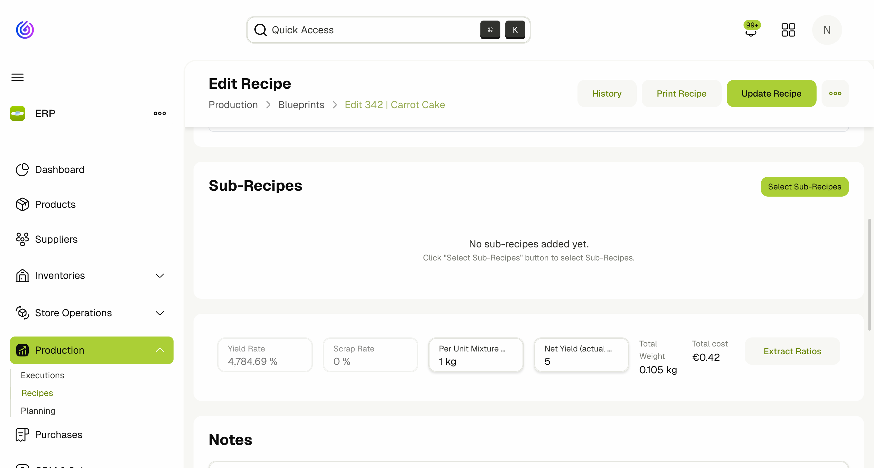 Recipe Detail — Yield, Scrap & Steps