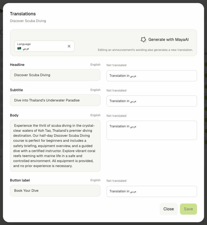 Announcement translations dialog
