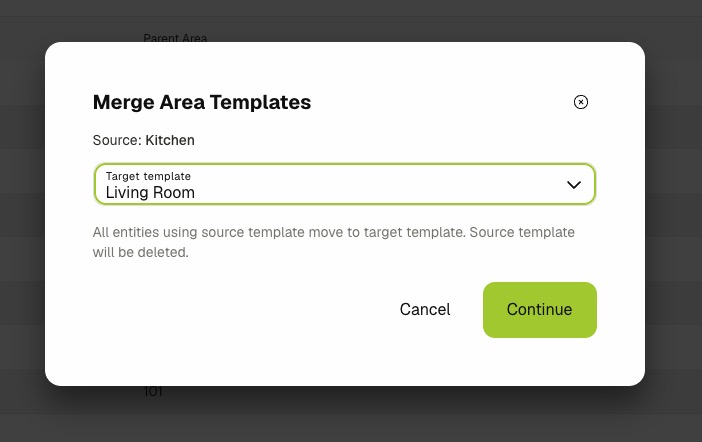 Area template merge into dialog