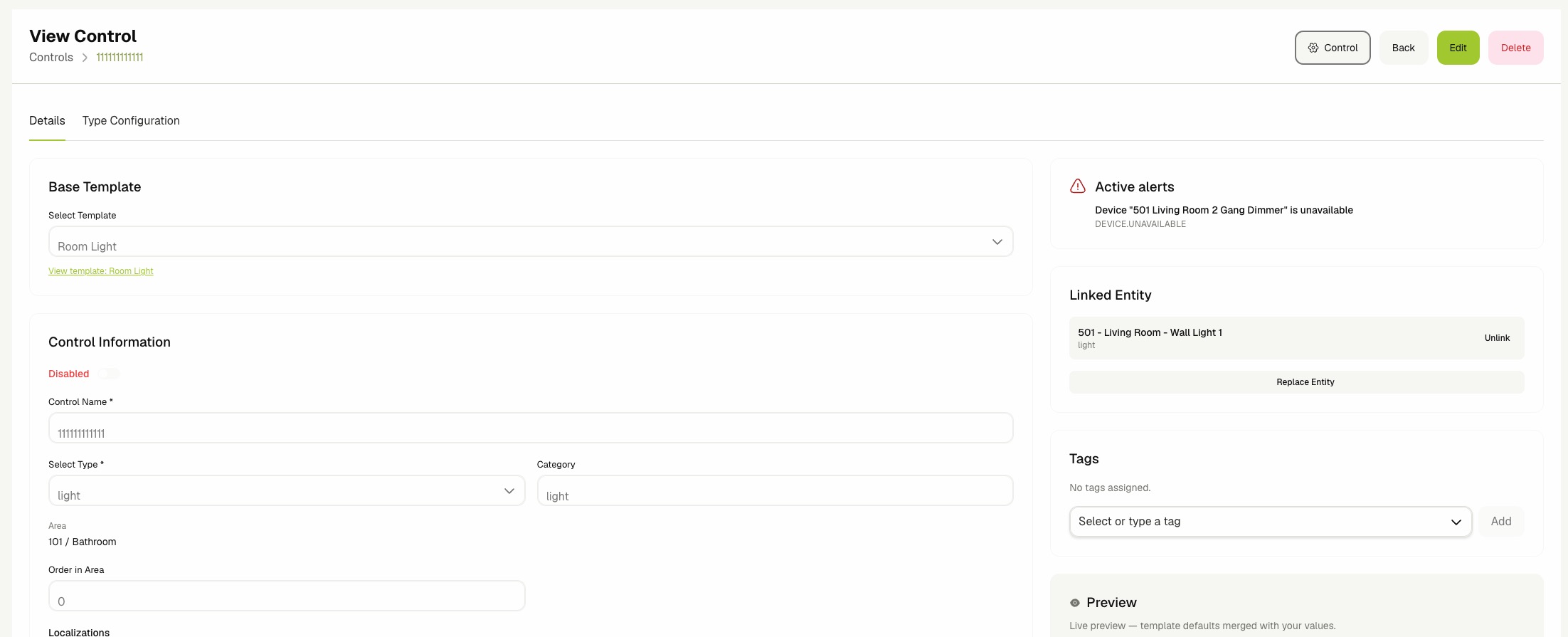 Control details page