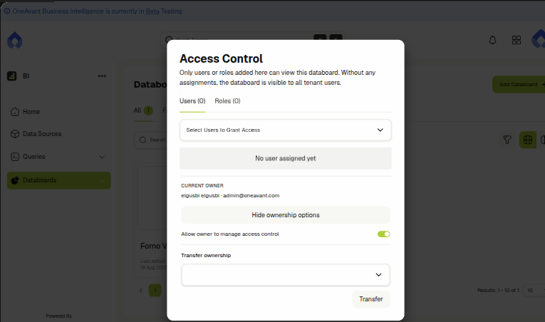 Access Controls dialog with ownership management expanded