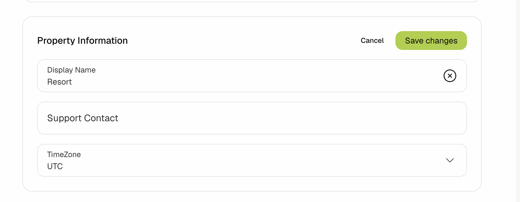 Property Information card in edit mode with the display name, support contact, and timezone fields