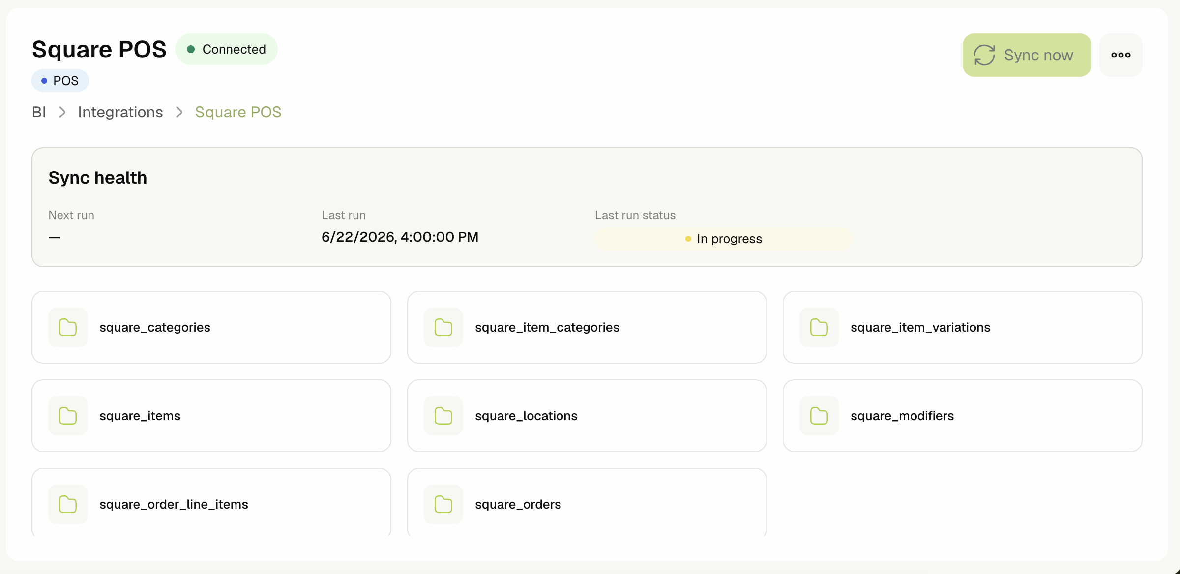 Integration detail with sync health and table list