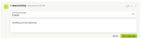 Maya briefing edit settings with language dropdown and optional prompt