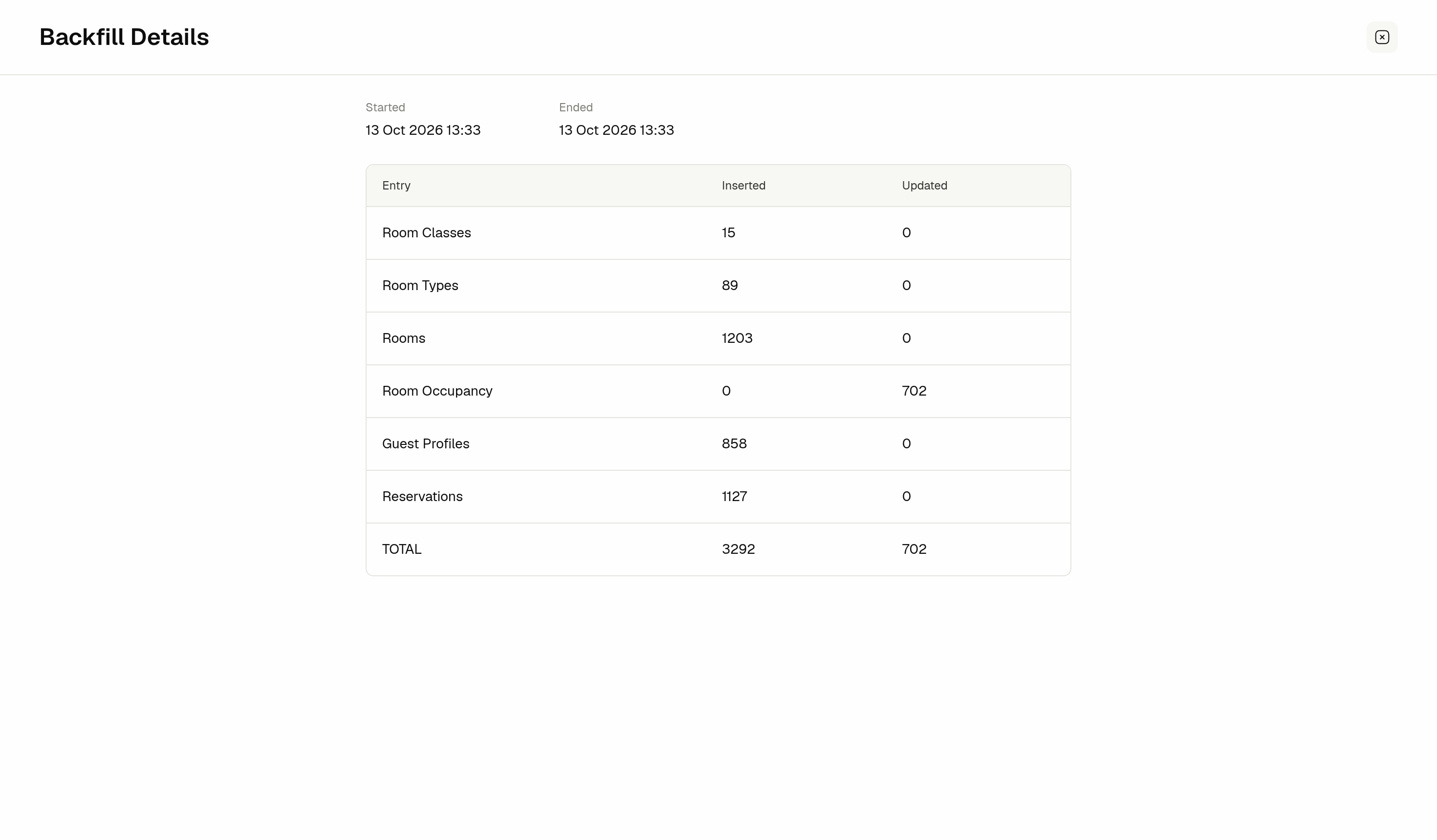 Backfill Details page with inserted and updated counts per entry