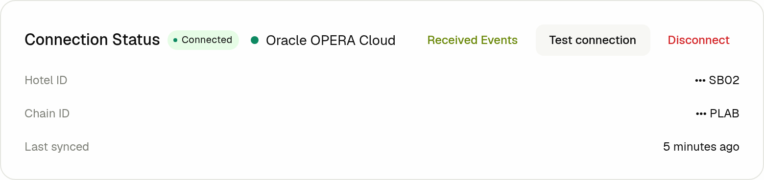 Connection Status card showing a connected Oracle OPERA Cloud connection