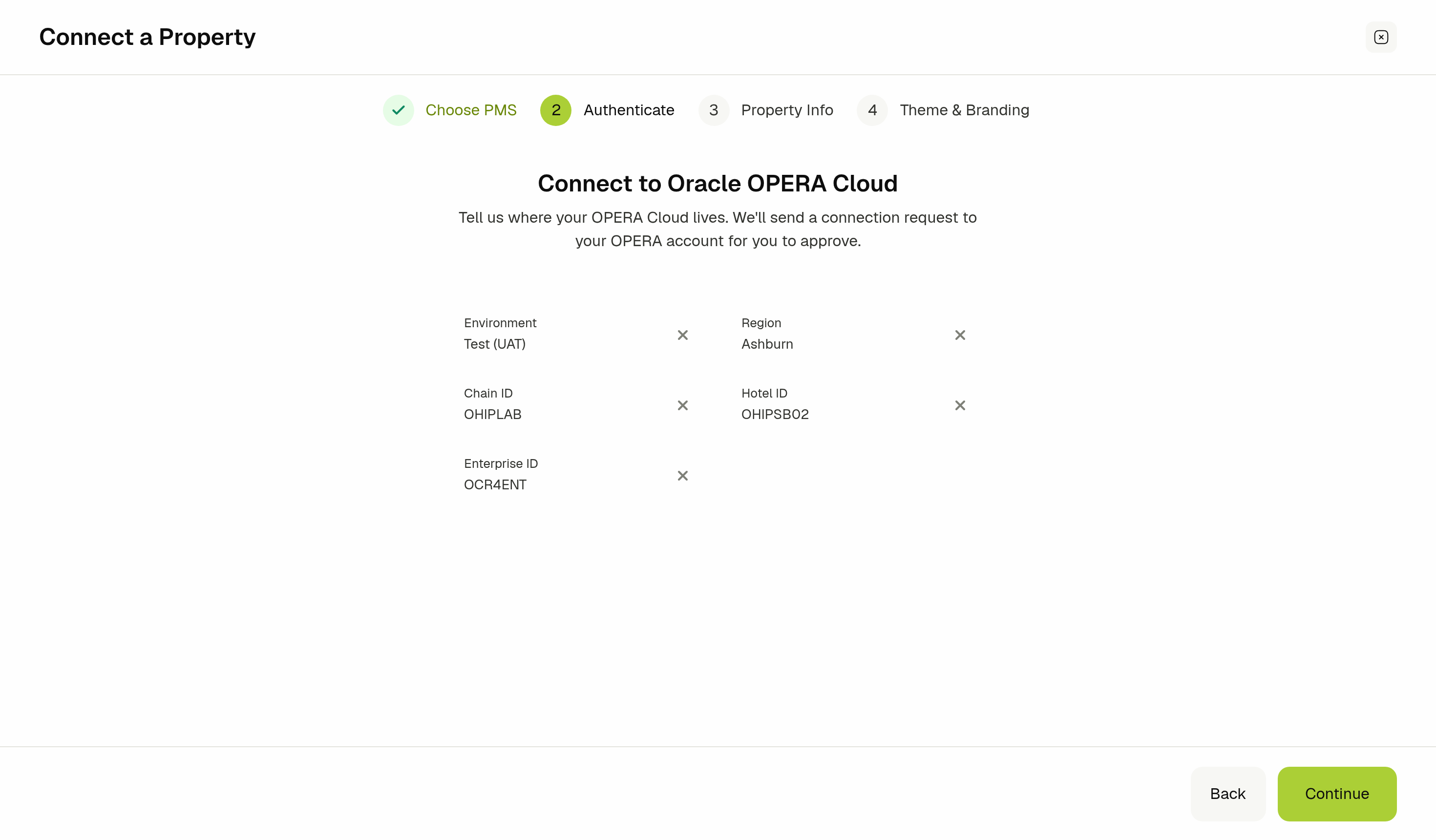 Connect to Oracle OPERA Cloud step with the environment, region, chain, hotel, and enterprise fields filled in