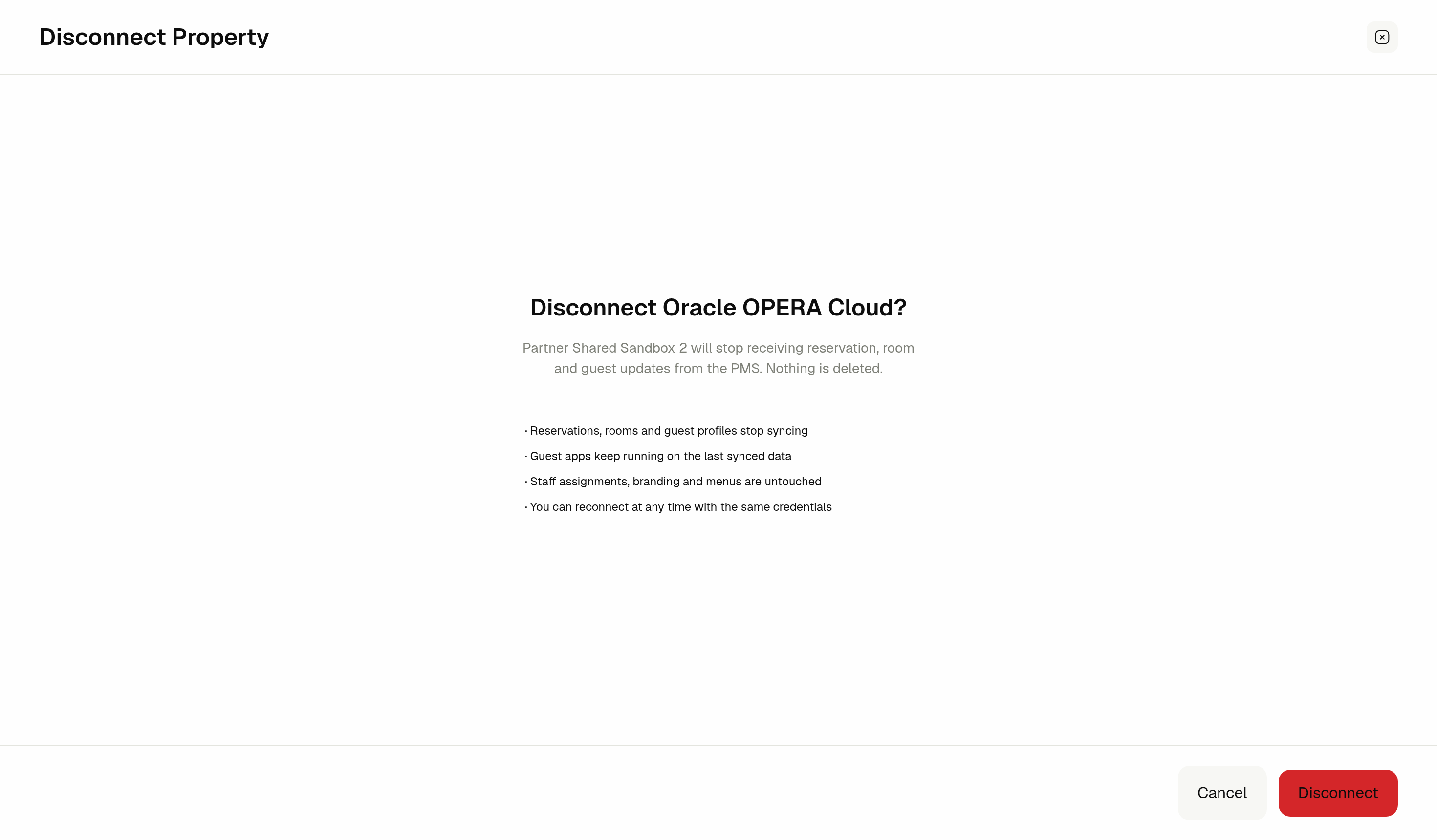 Disconnect Oracle OPERA Cloud confirmation page