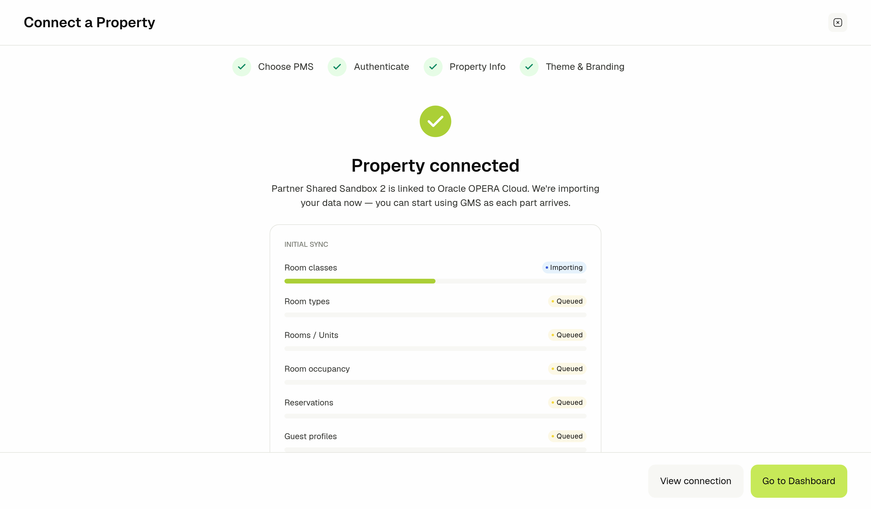 Property connected screen with the initial sync in progress
