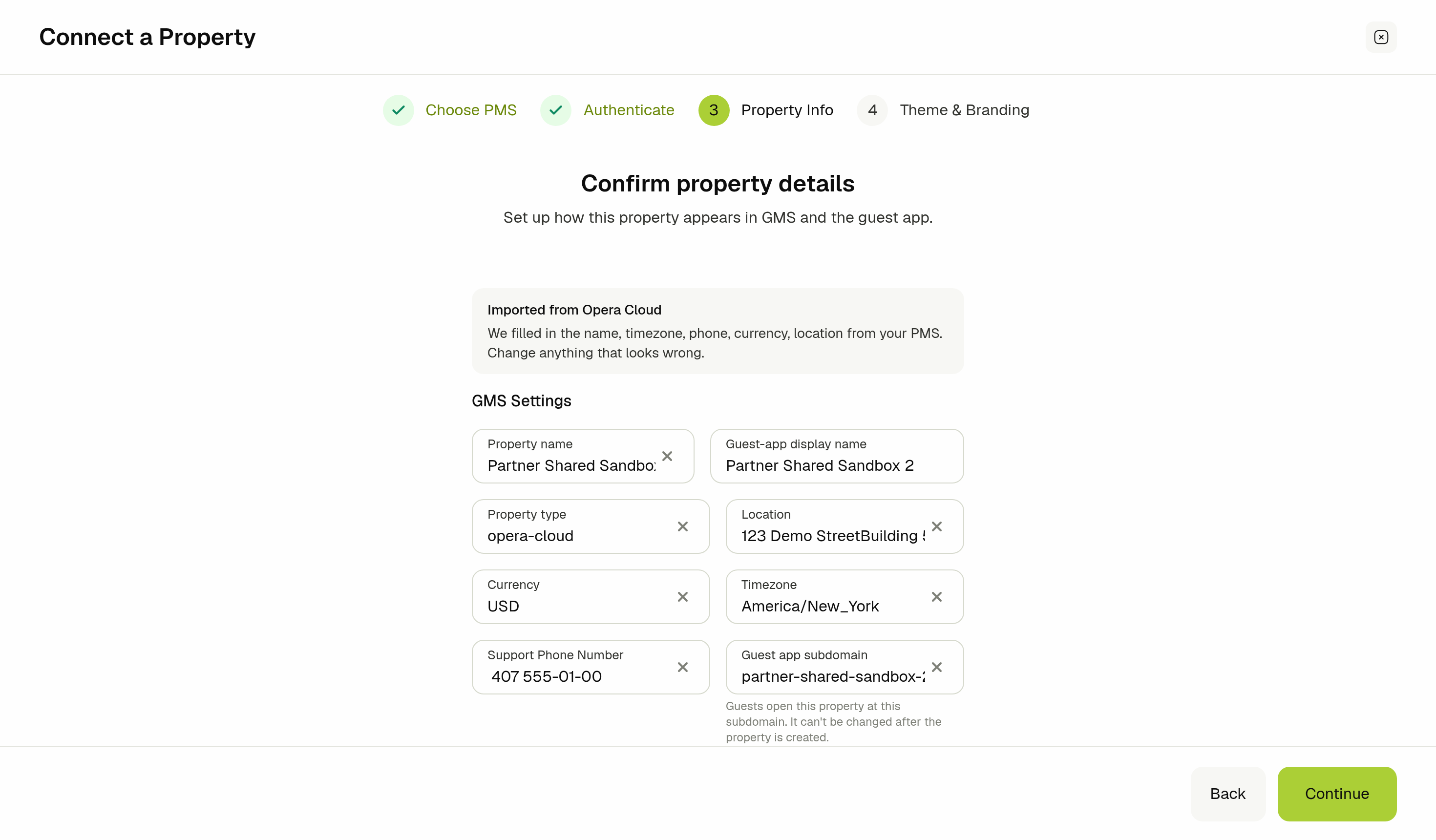 Confirm property details step with details imported from OPERA Cloud
