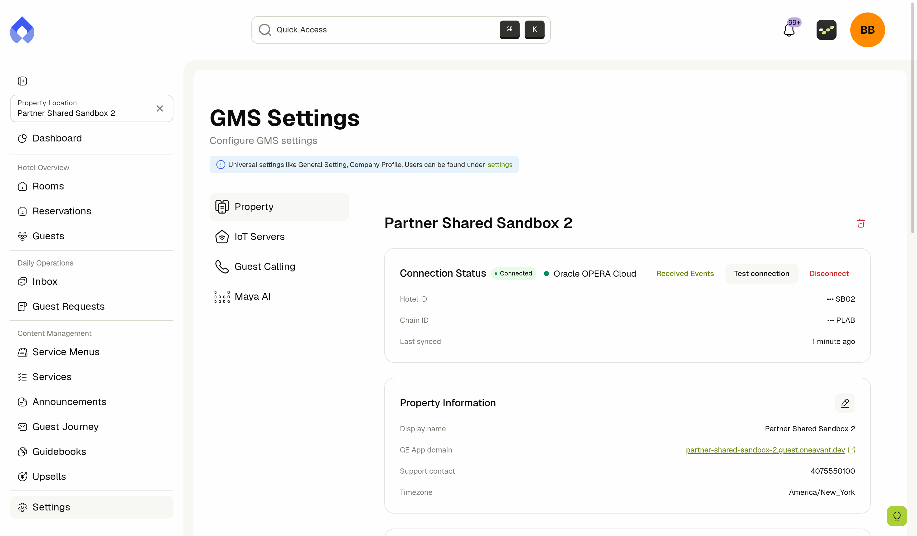 GMS Settings property page with the Connection Status card