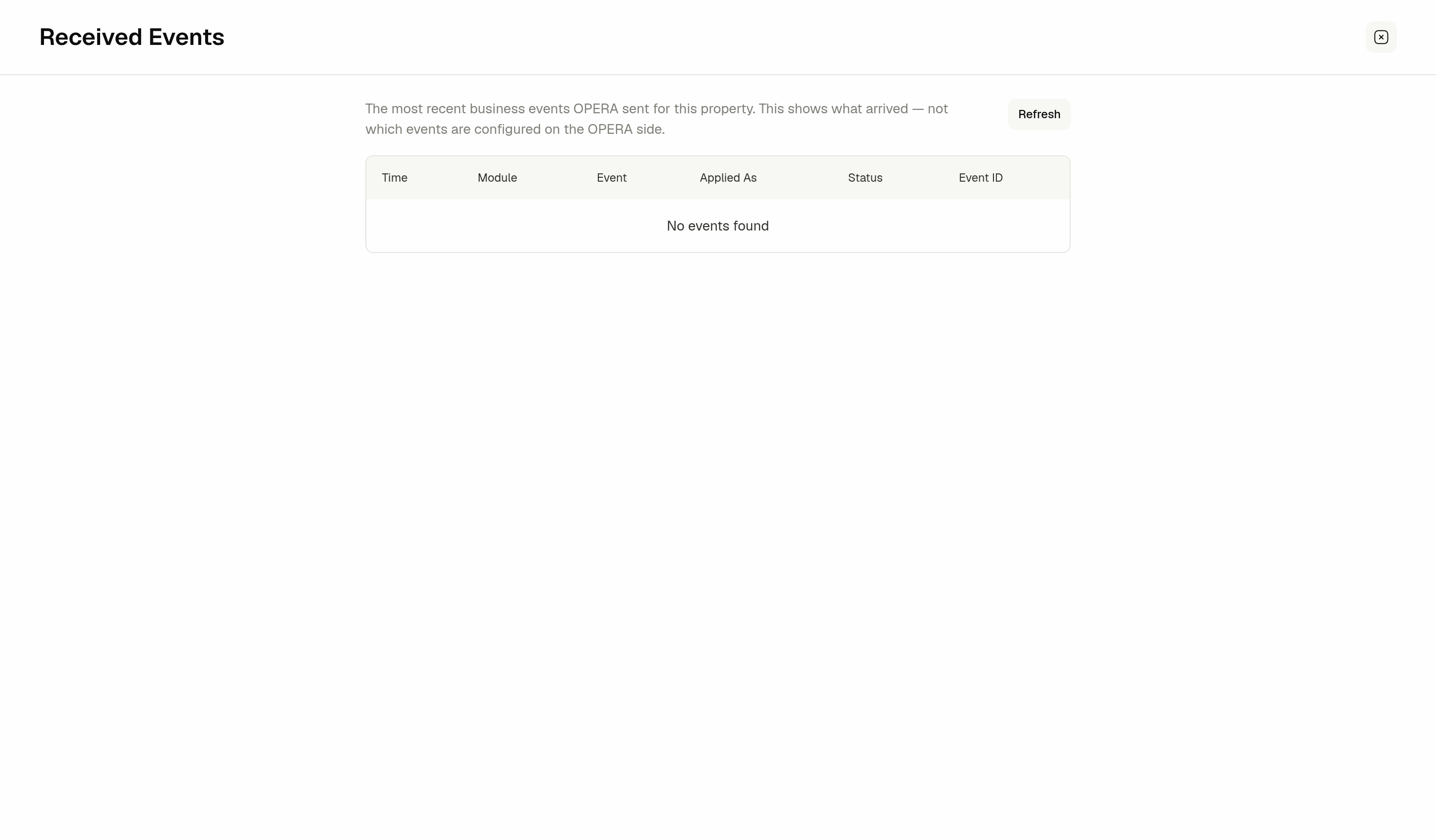 Received Events page with the time, module, event, applied as, status, and event ID columns