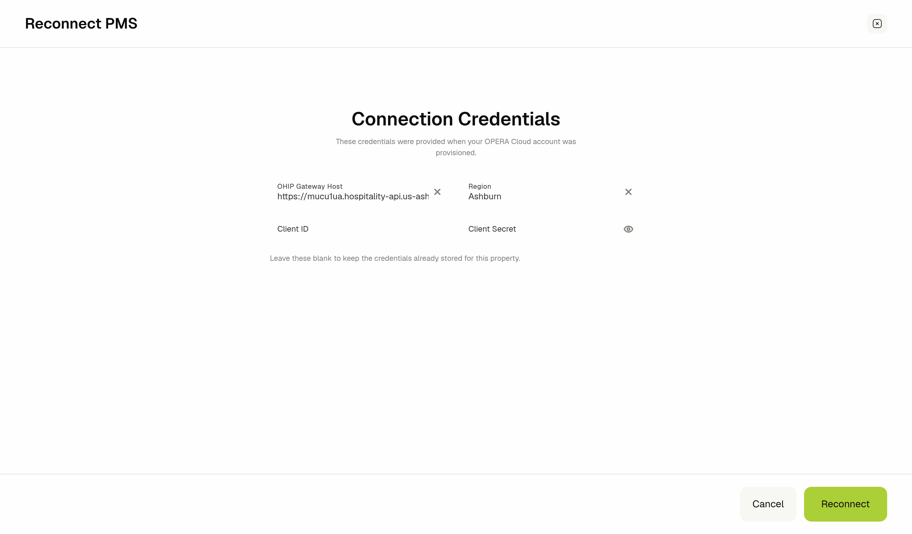 Reconnect PMS page with the connection credentials fields