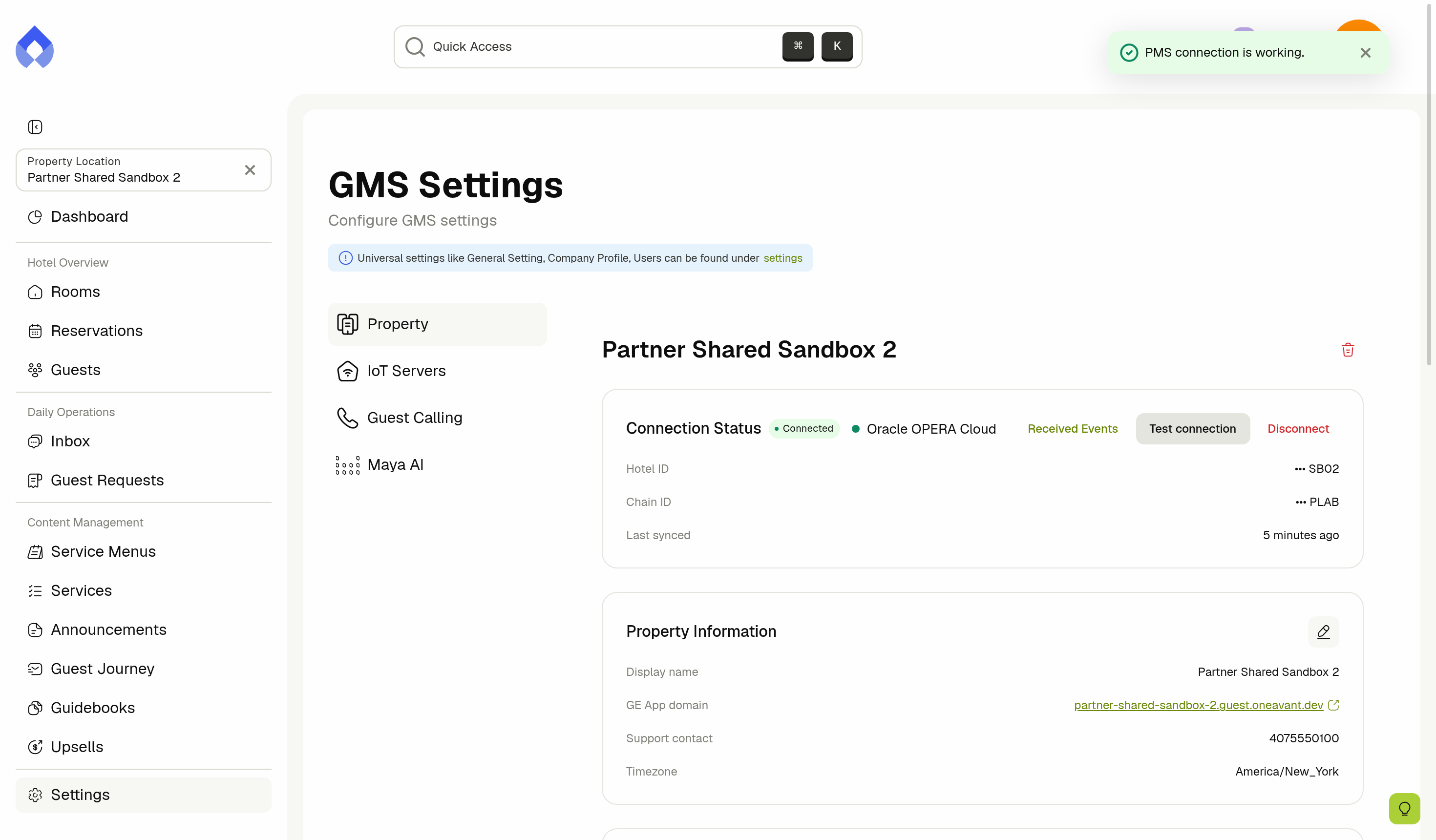 Test connection result message saying the PMS connection is working