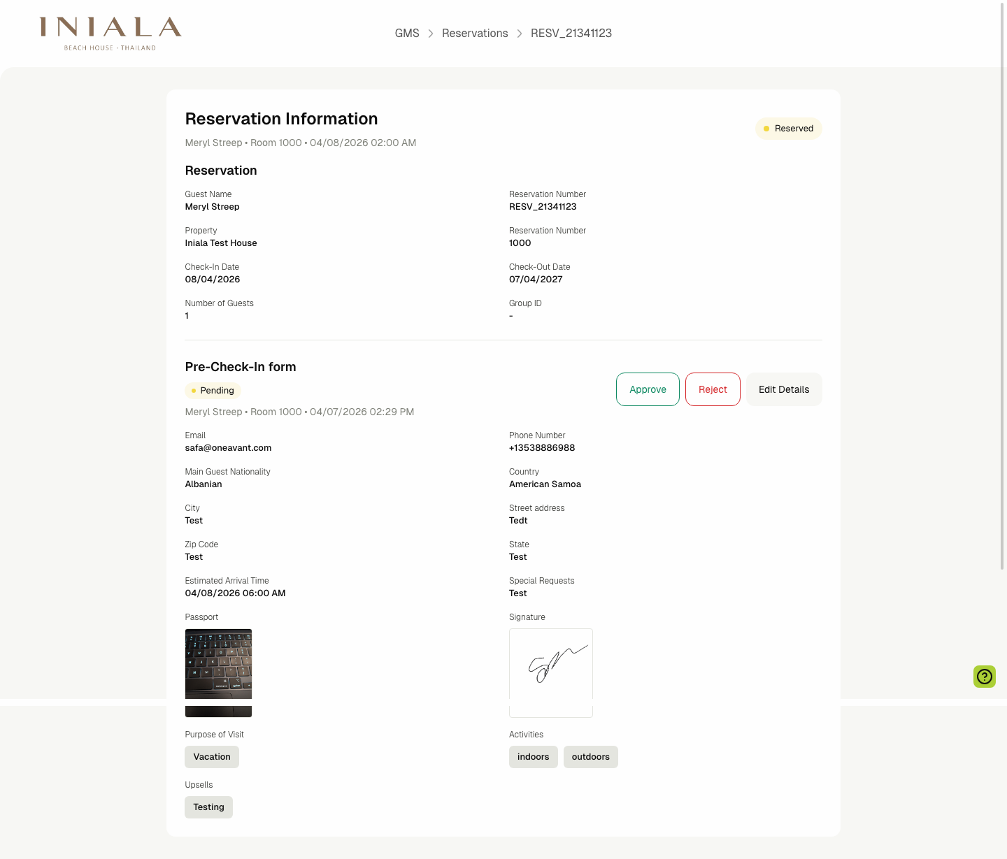 Reservation Pre-Check-In details