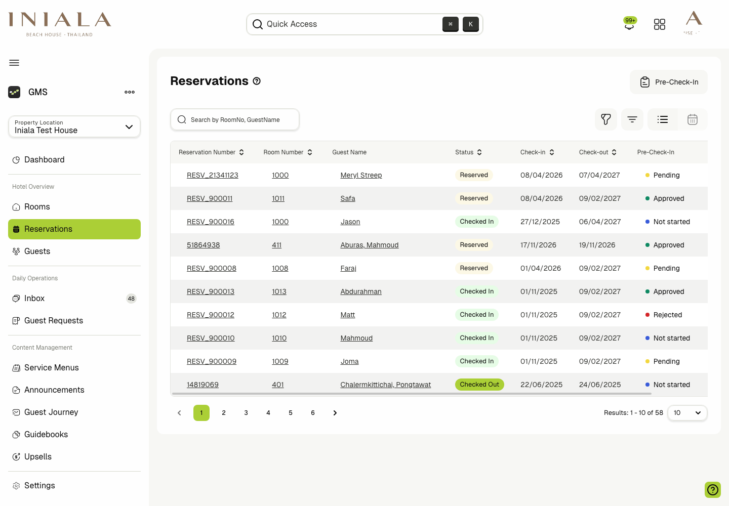 Reservations list with Pre-Check-In statuses