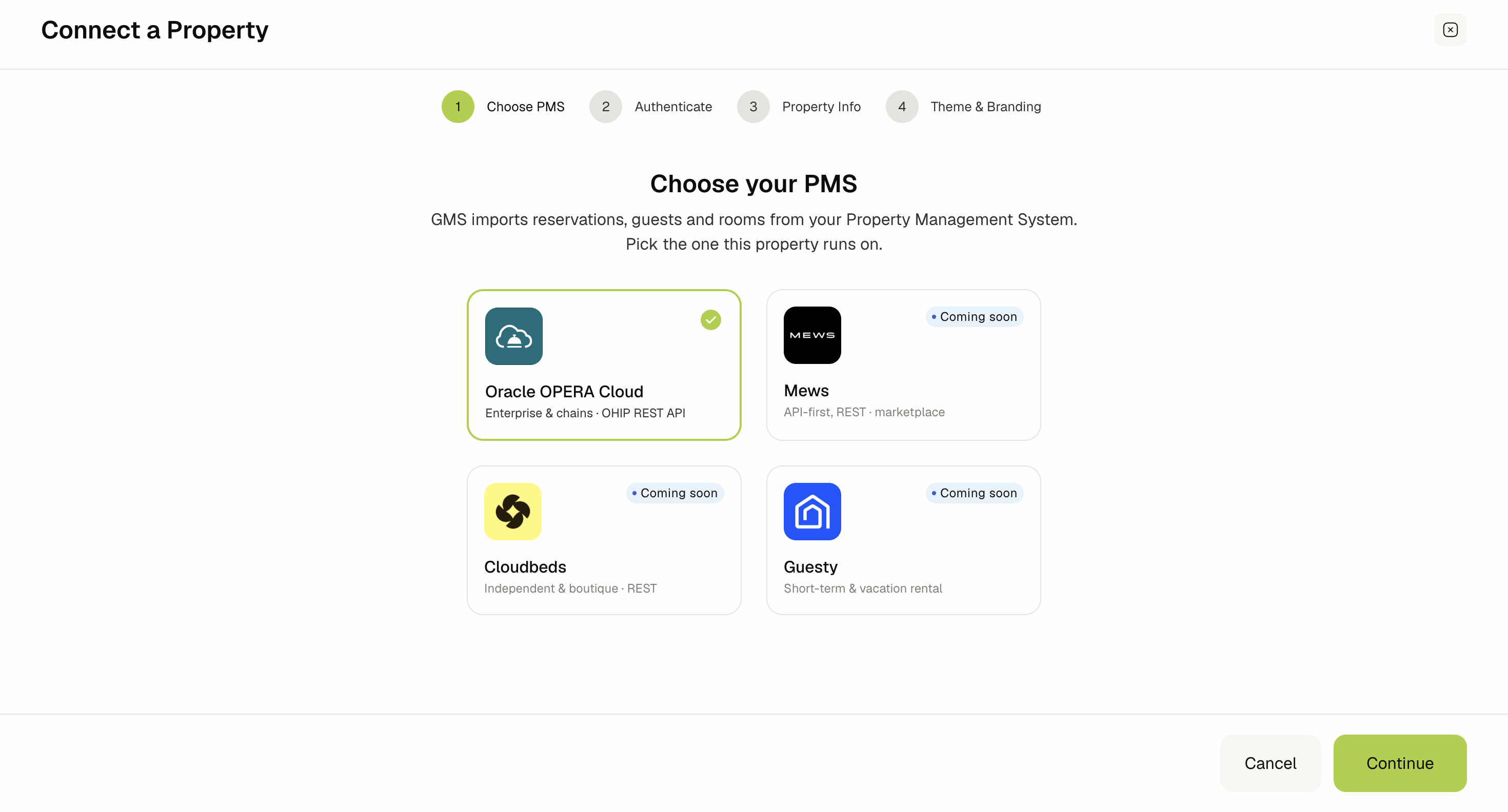 Choose your PMS step with the Oracle OPERA Cloud card selected