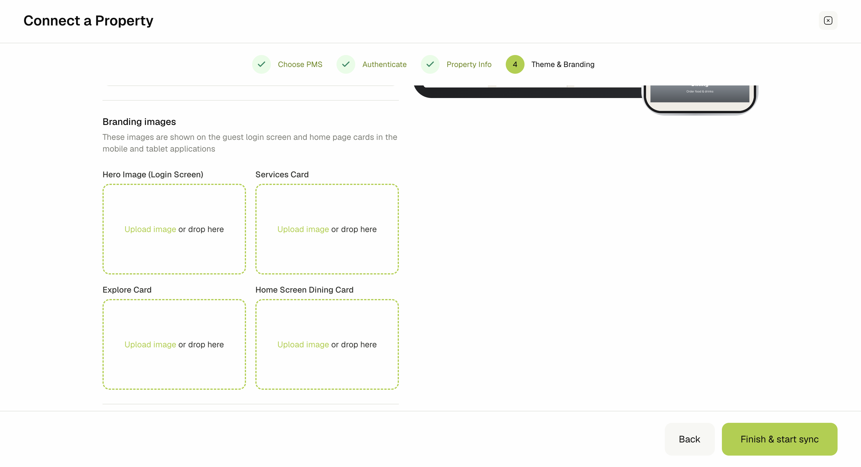 Branding images section with the hero image and card upload areas