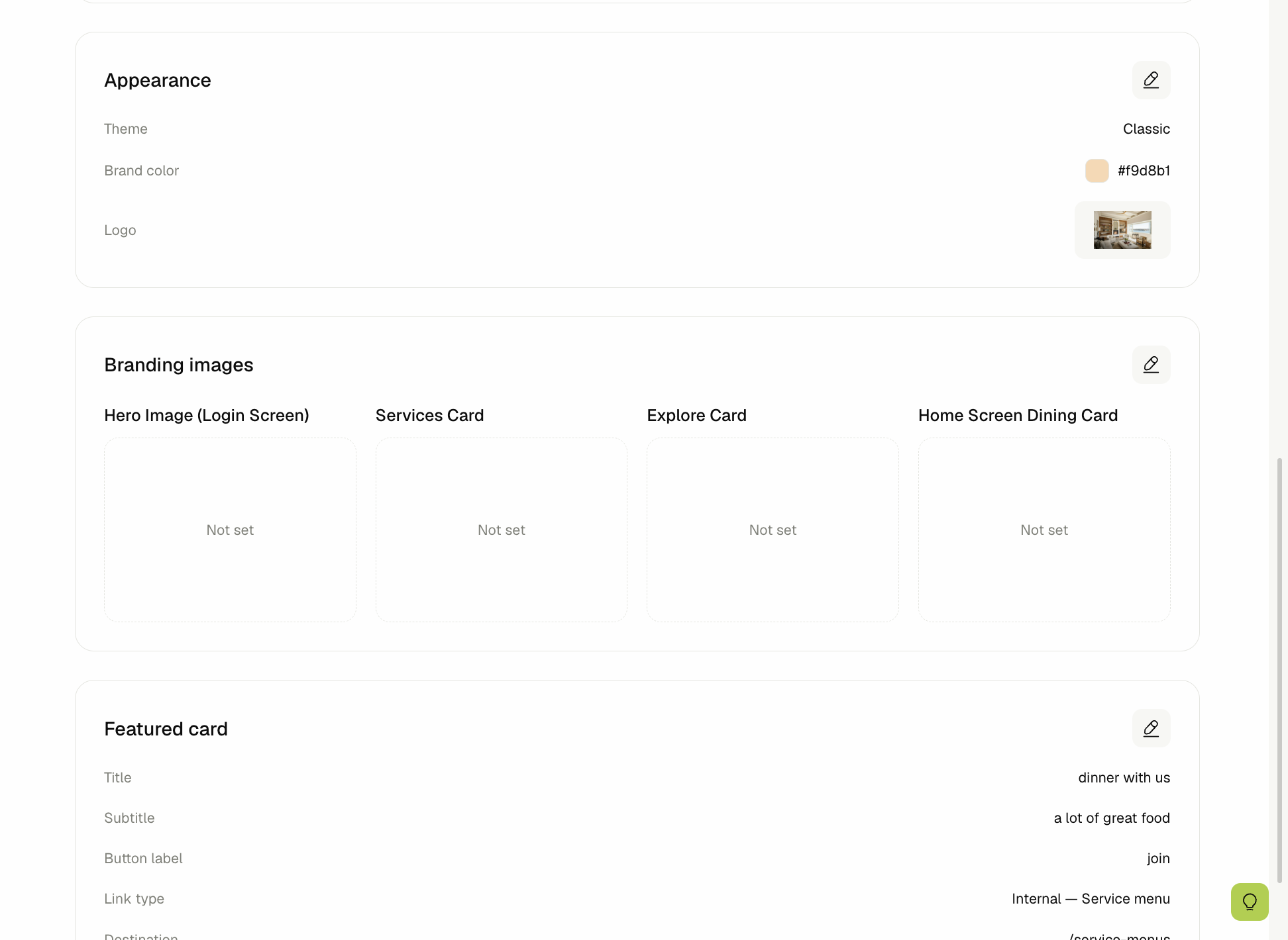 Appearance, branding images, and featured card sections on the property page