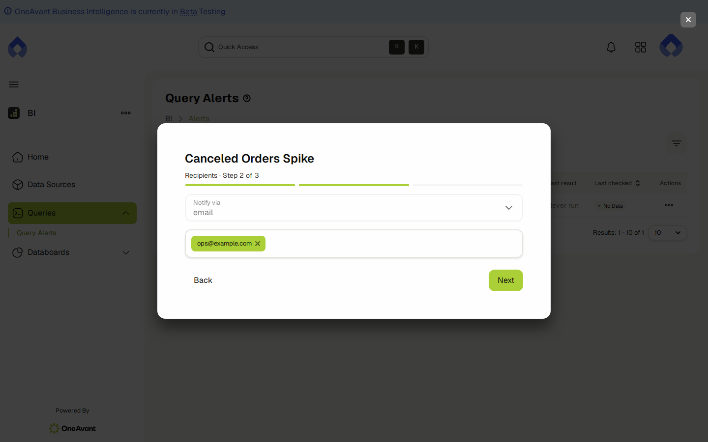 Recipients step showing notification channel and recipients