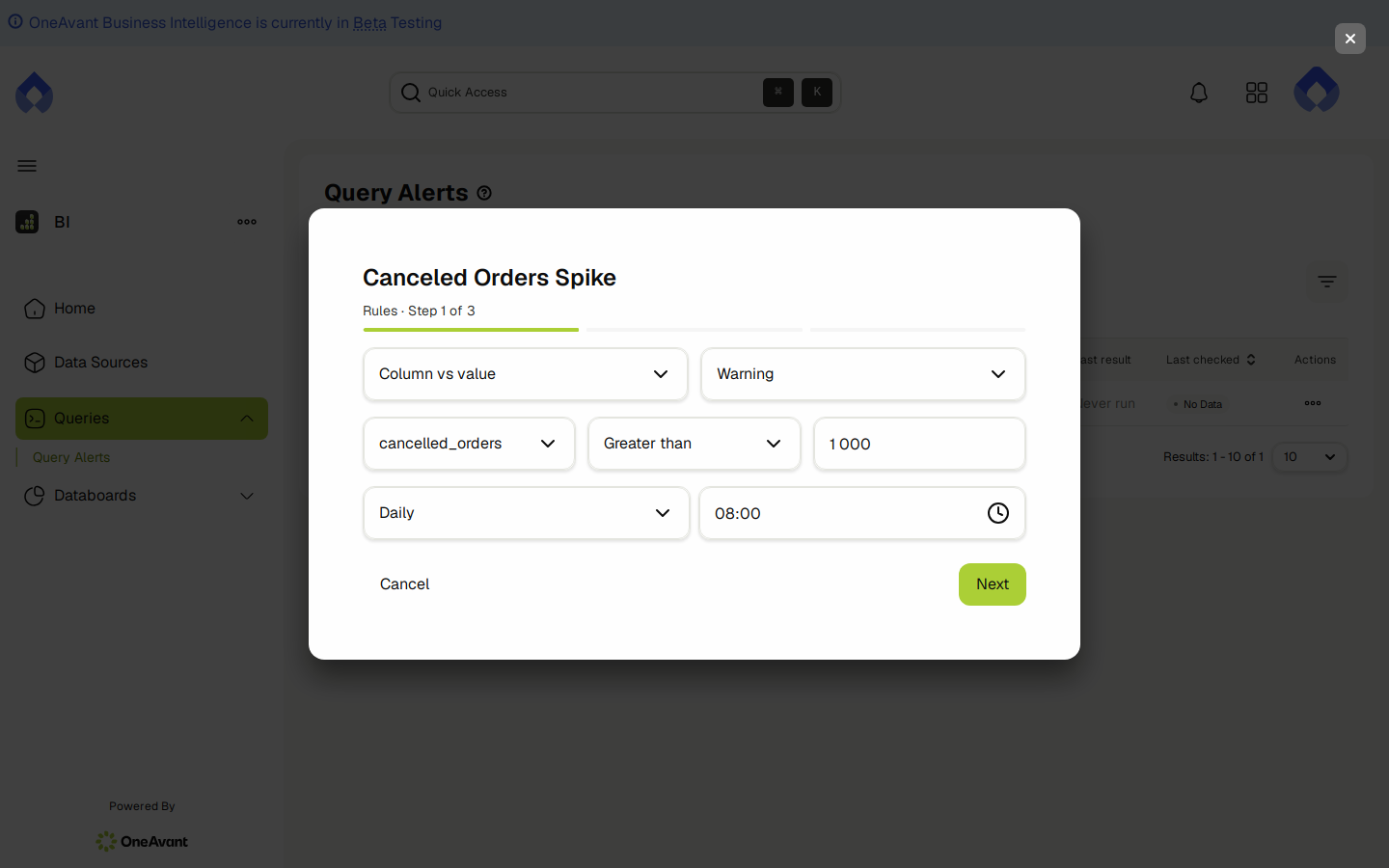 Rules step showing condition, severity, and schedule