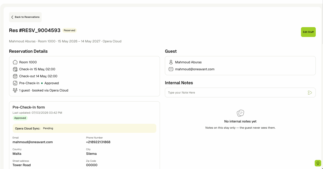 Reservation details page