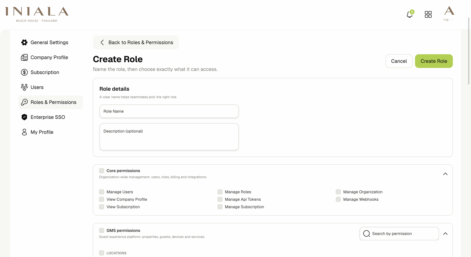Create Role form showing role details and Core permissions