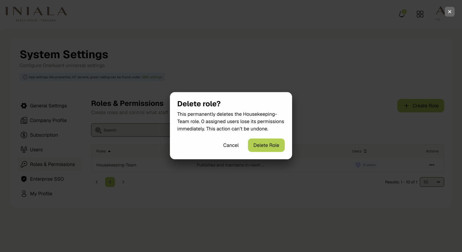 Delete role confirmation dialog