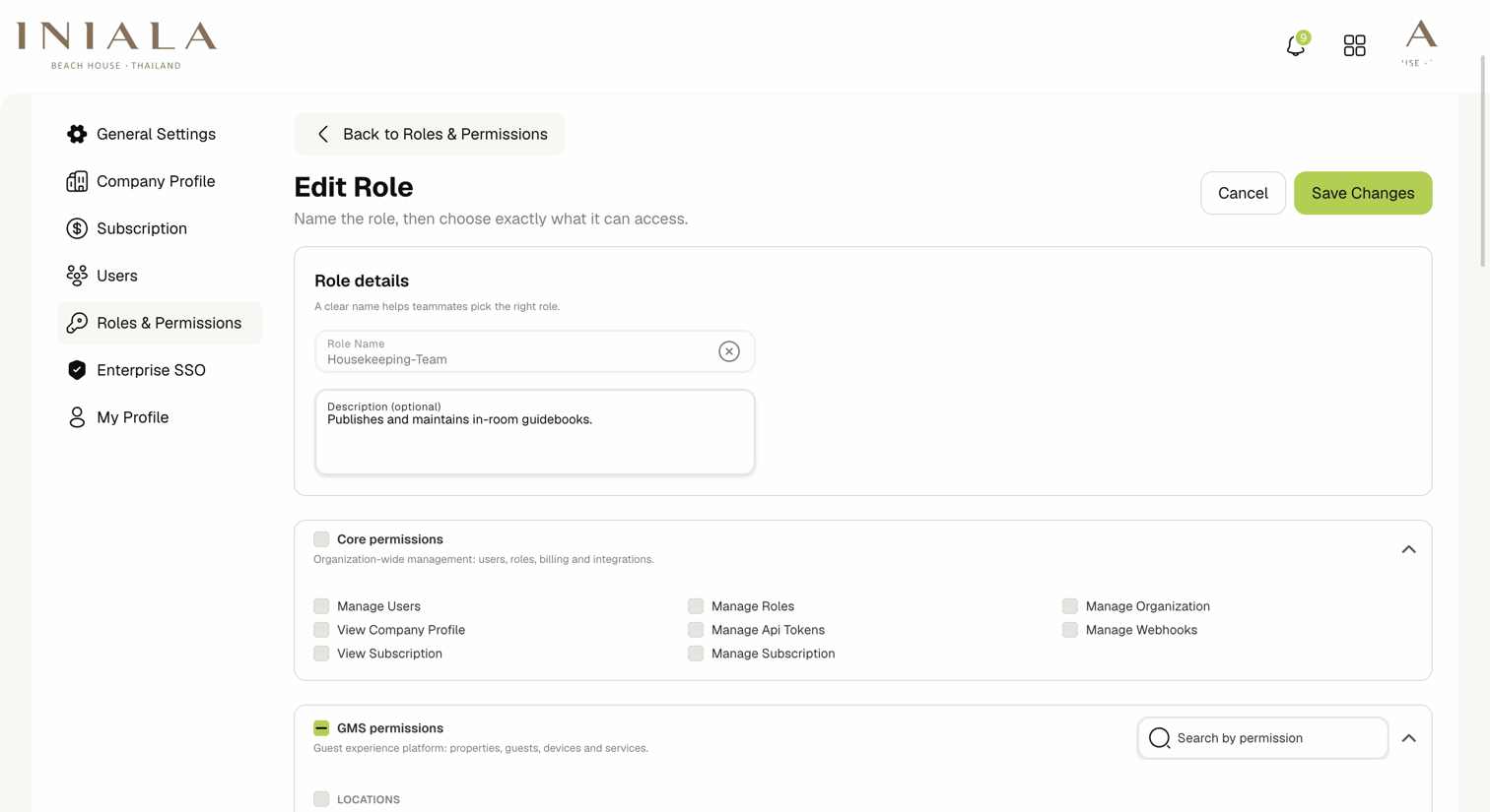 Edit Role page with existing permissions pre-selected