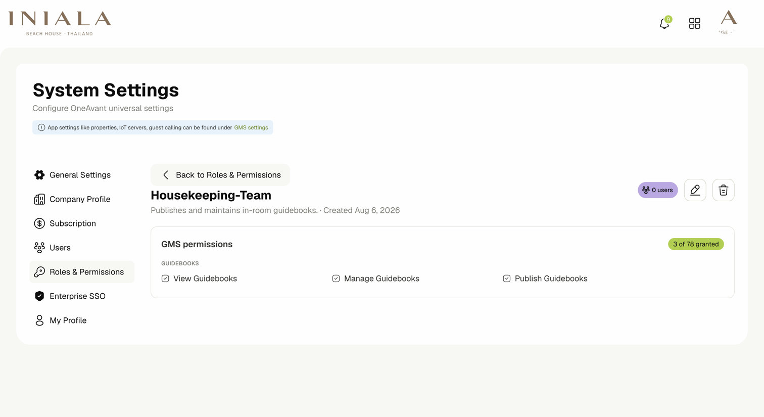 Role detail page showing granted permissions