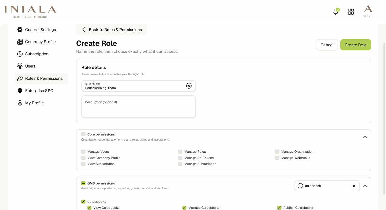 Permission search filtering the GMS card to the Guidebooks group