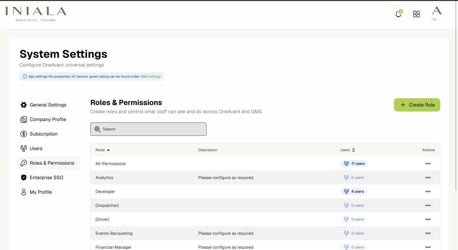 Settings menu with Roles & Permissions selected