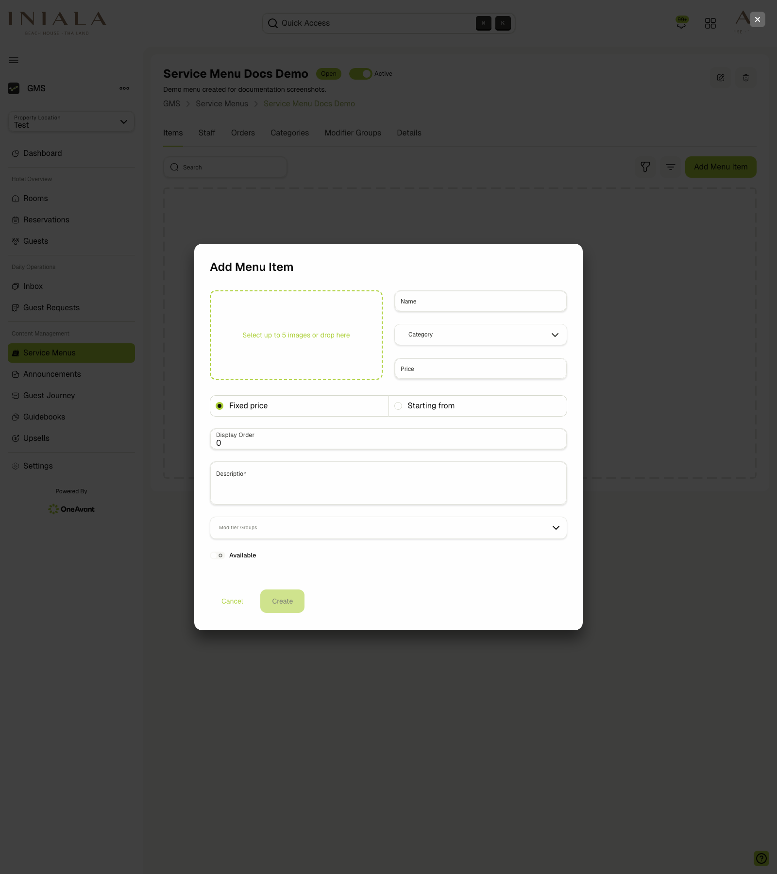 Add menu item dialog