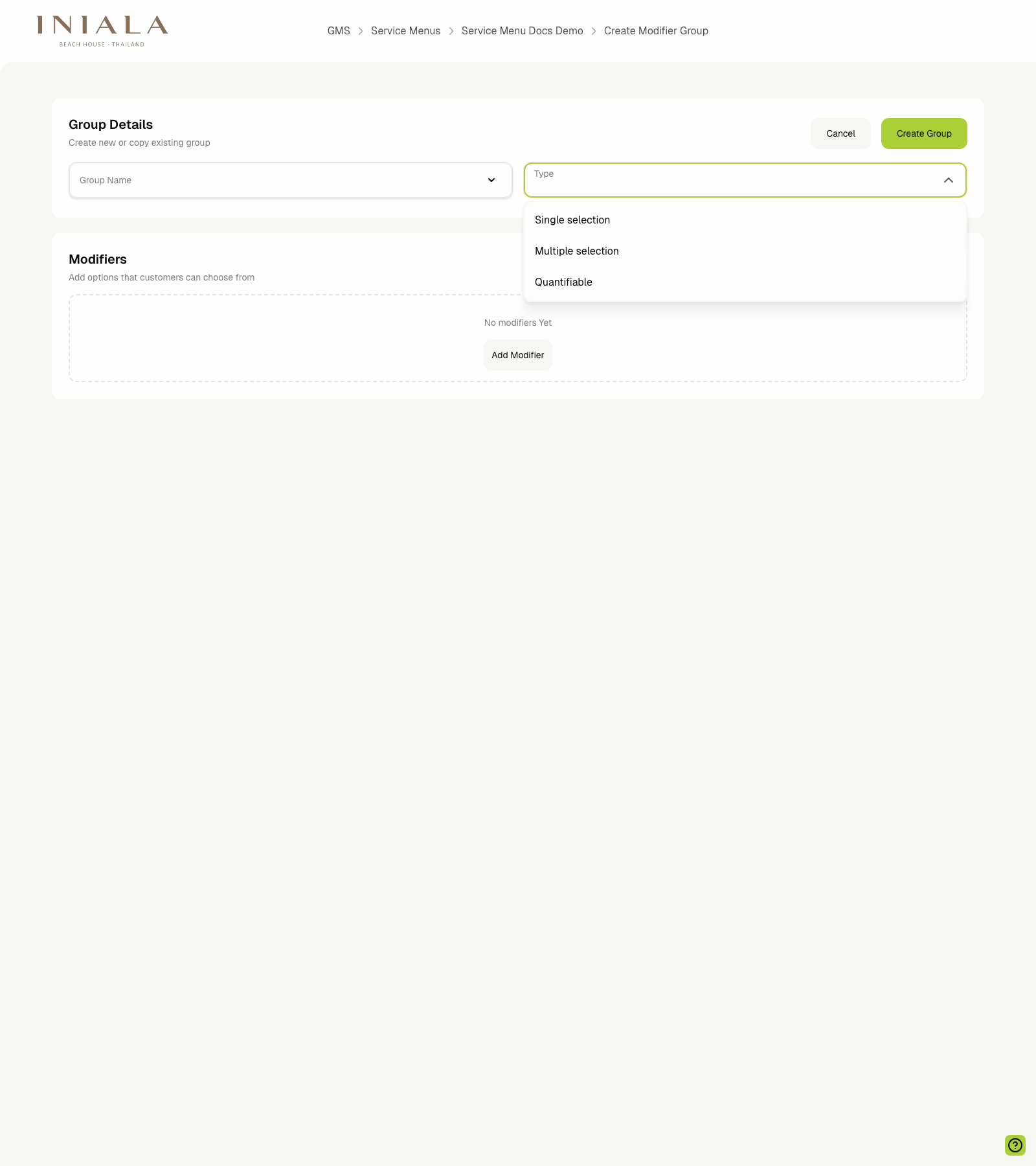 Create modifier group