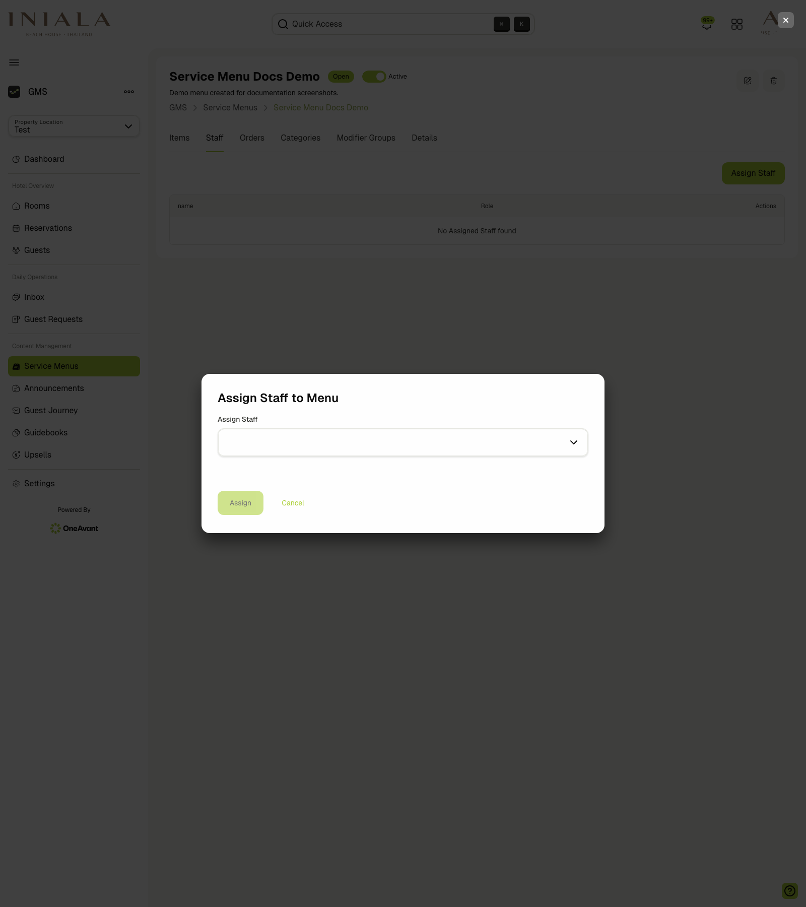Assign staff dialog