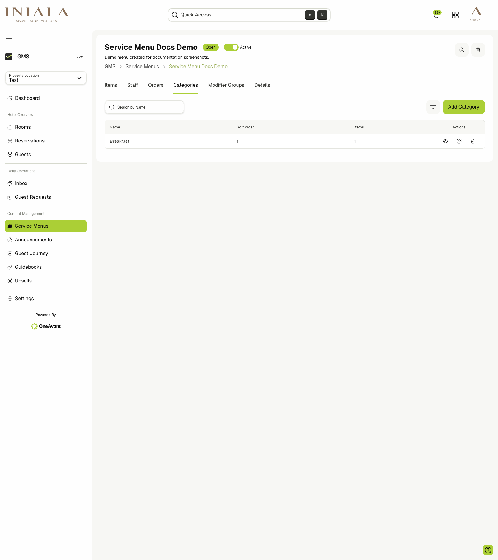 Service menu categories