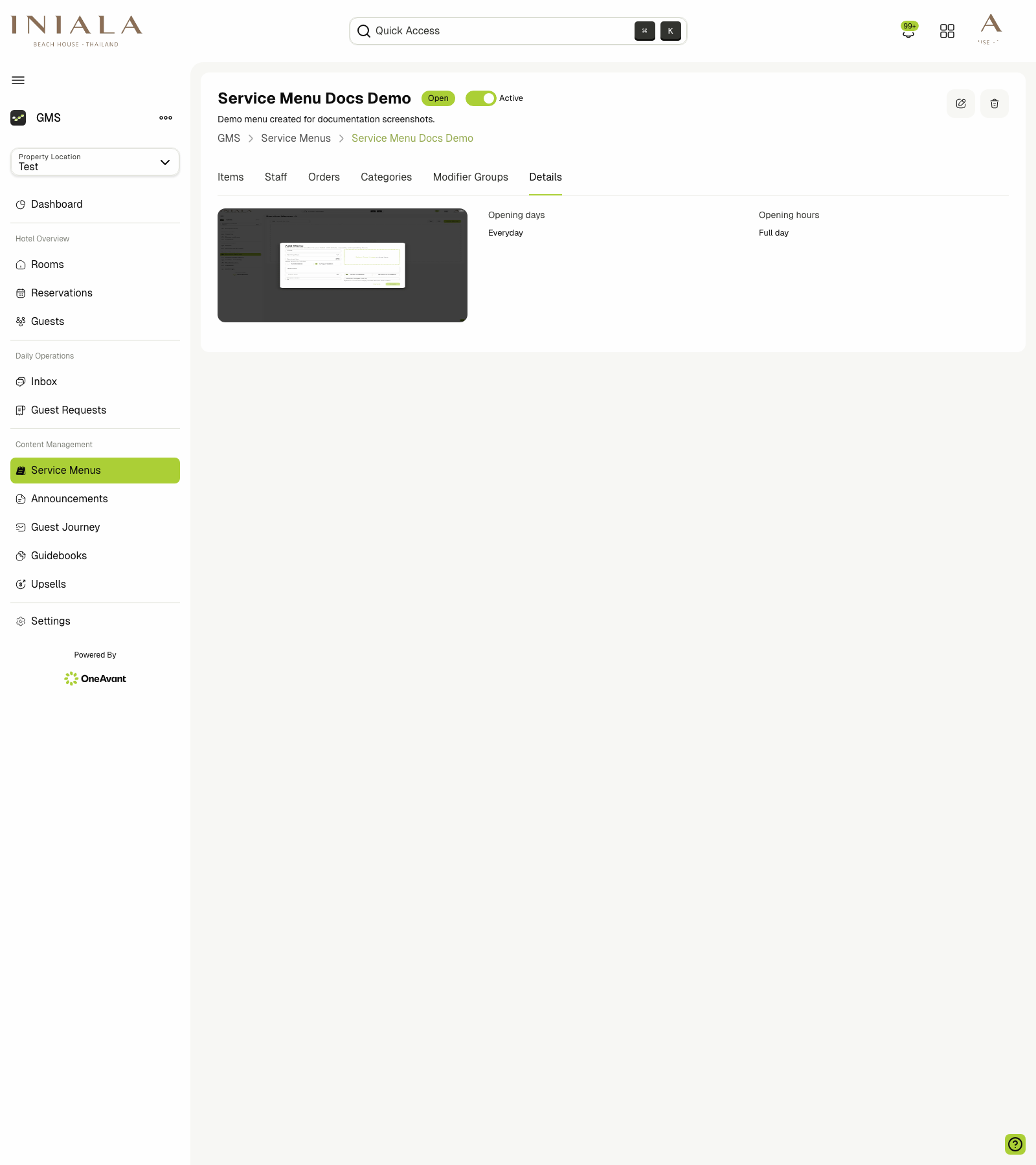 Service menu details tab