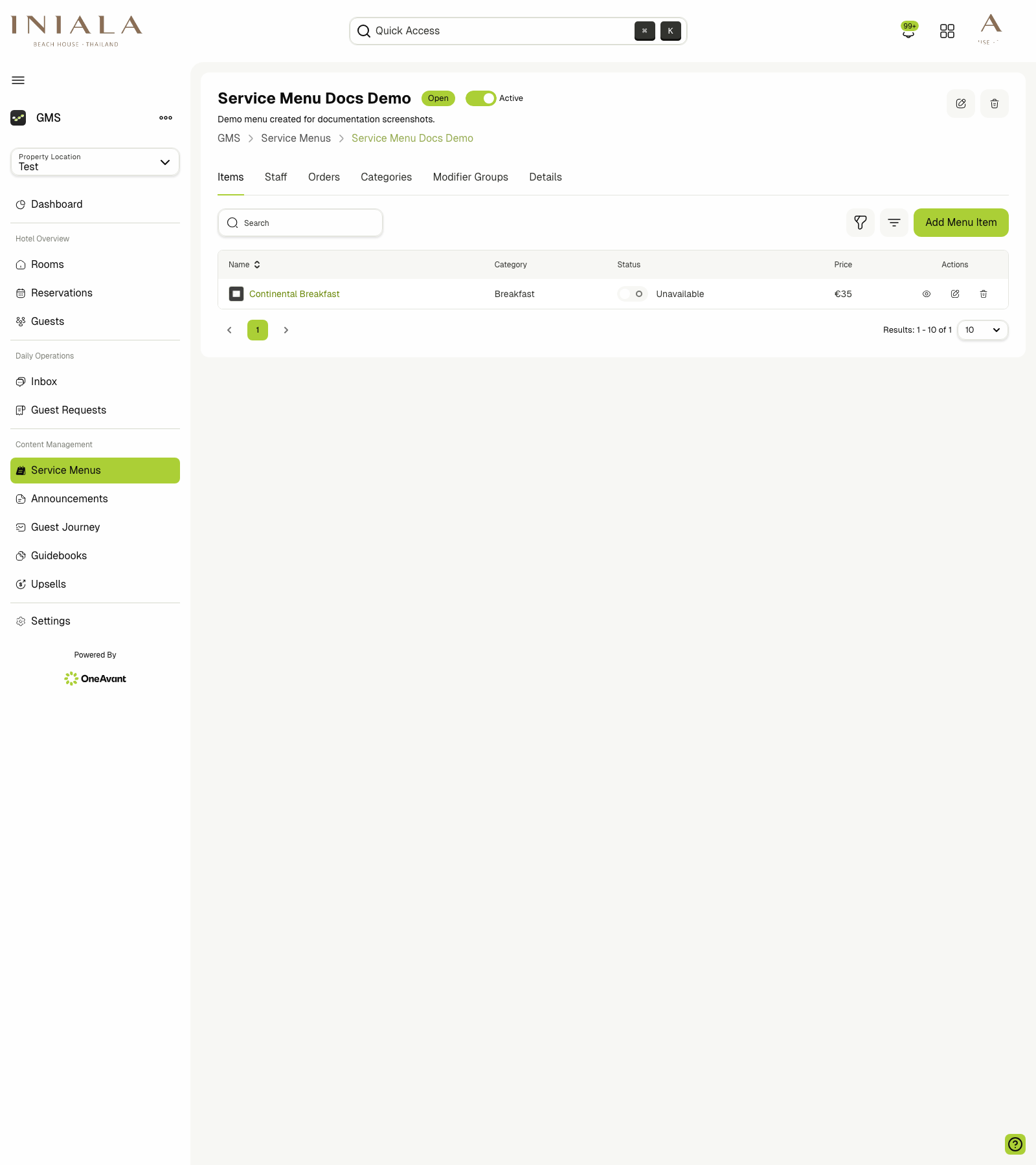 Service menu items list