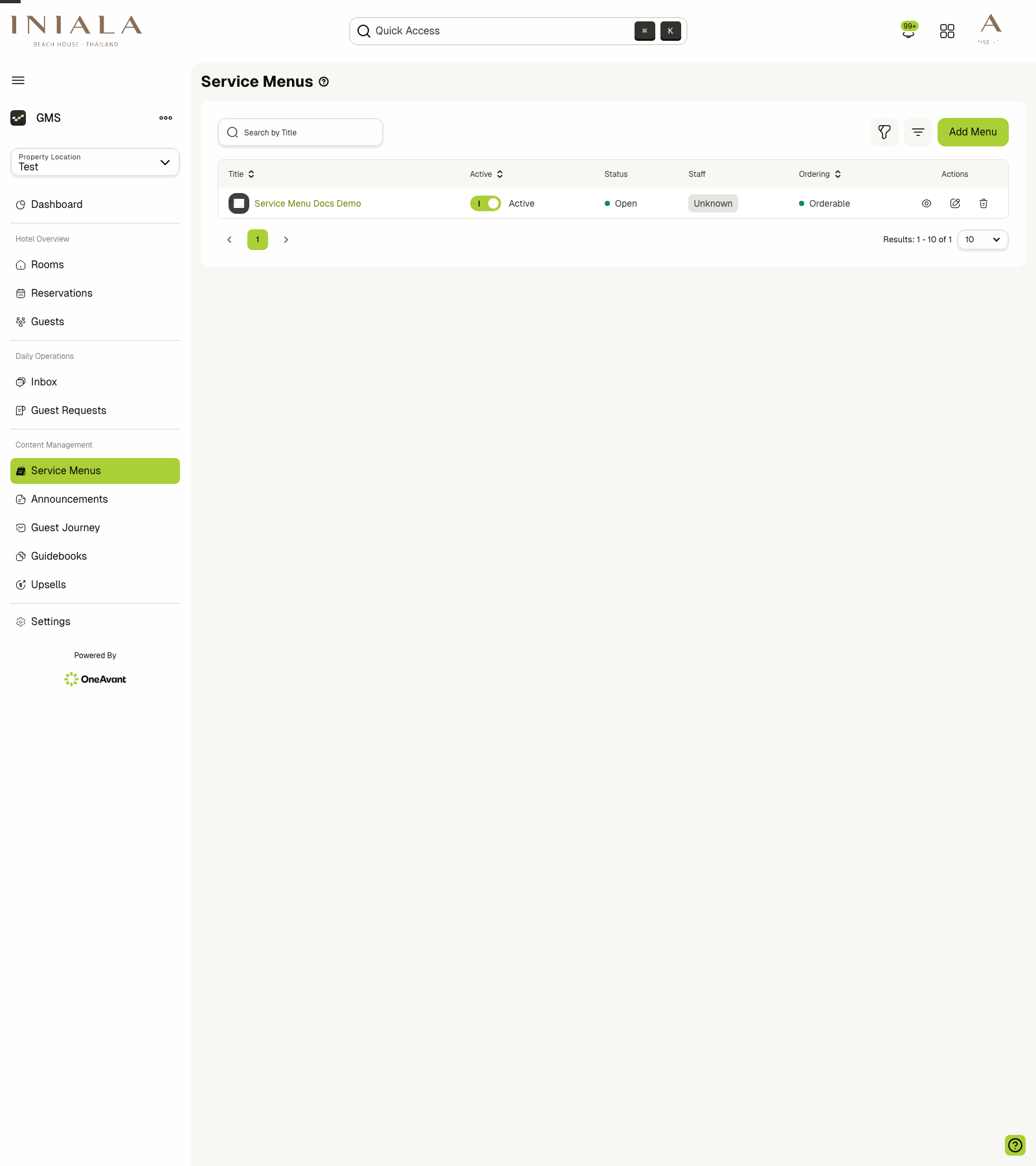 Service menus list