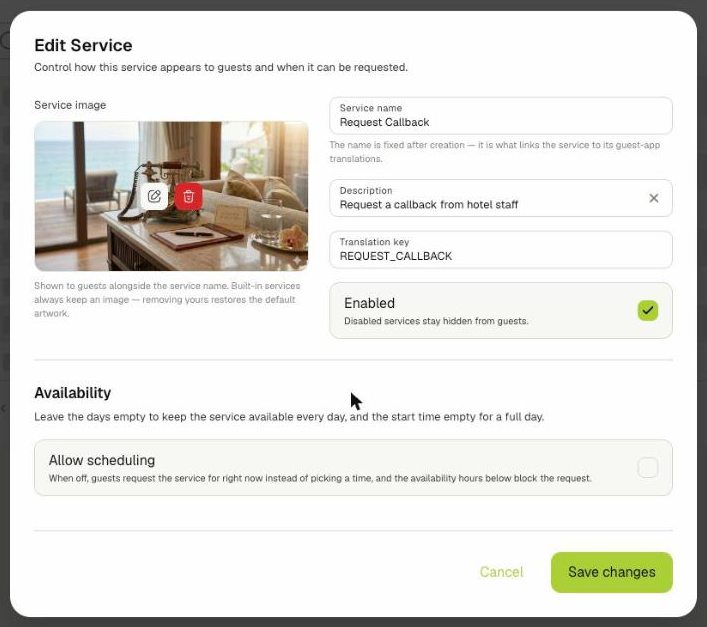 Edit Service form for an immediate service