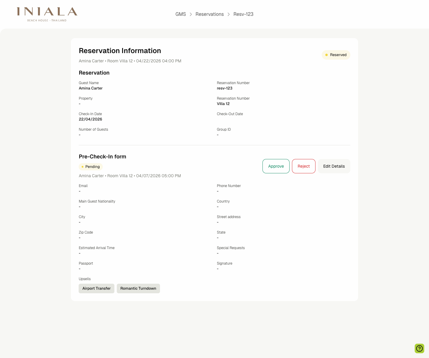 Purchased upsells in pre-check-in data
