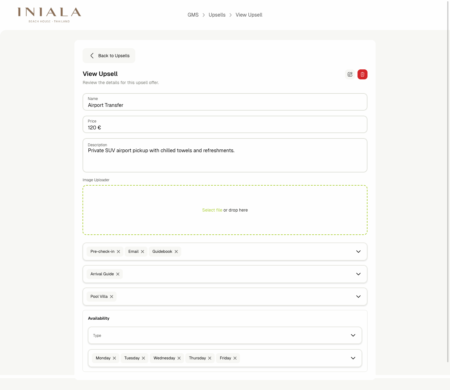 Upsell configured for email and pre-check-in channels