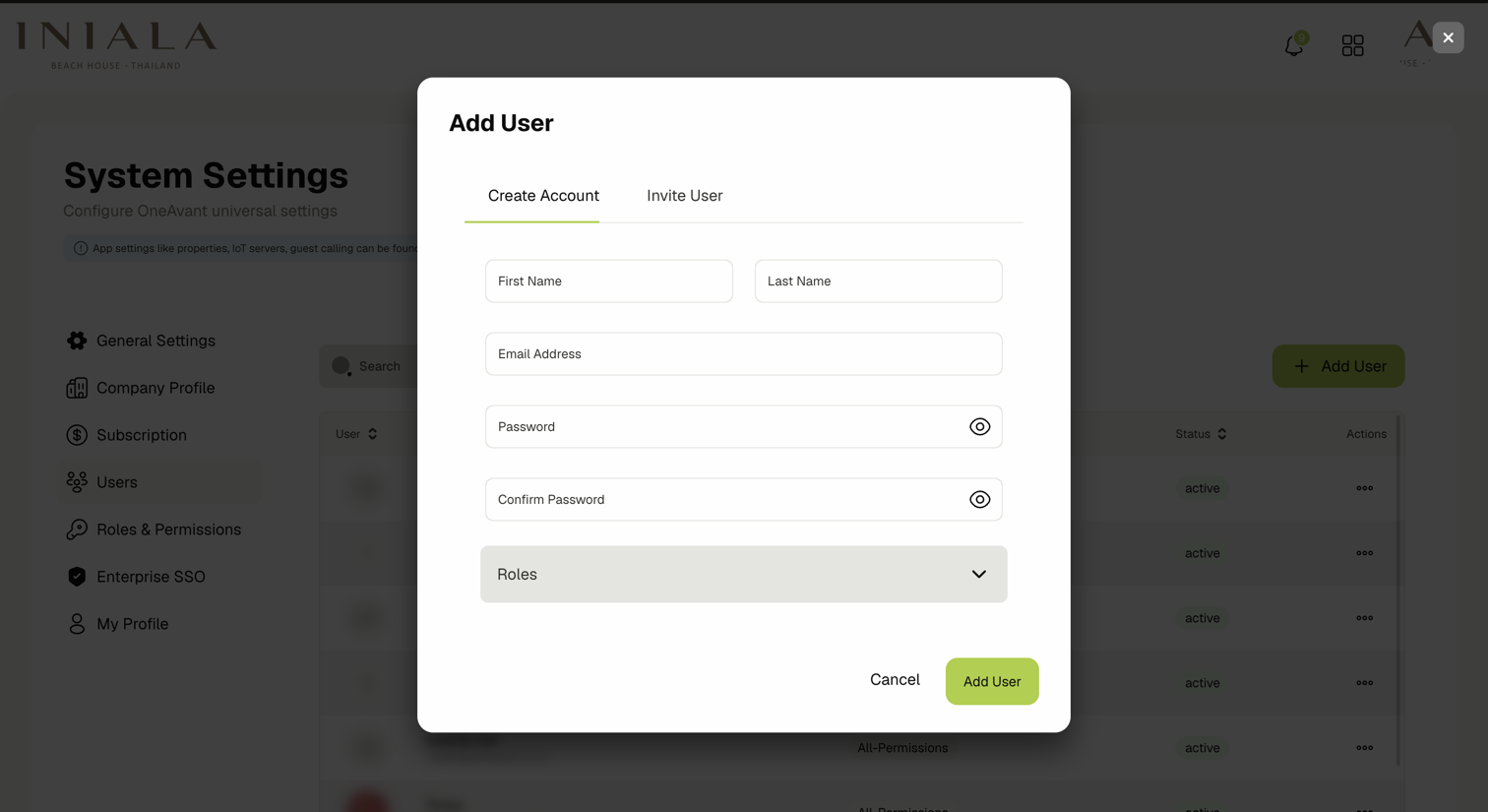 Add User dialog on the Create Account tab