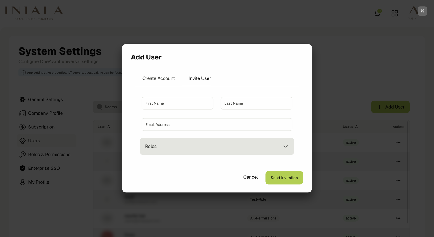 Add User dialog on the Invite User tab