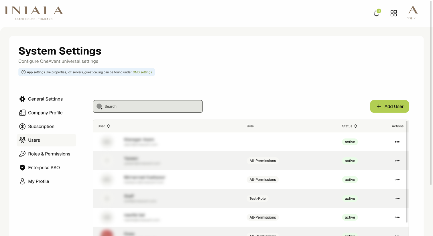 Users list in System Settings