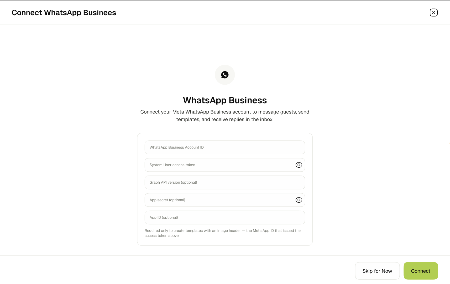 Manual WhatsApp connection form