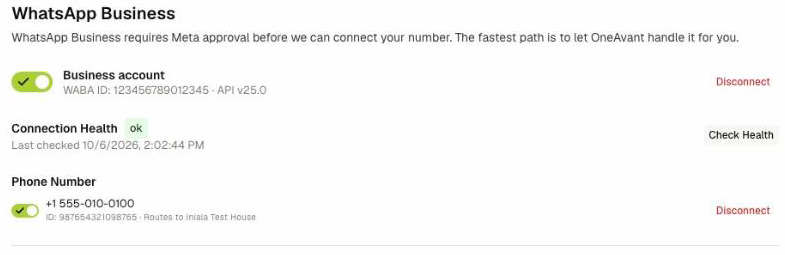 WhatsApp account, connection health, and phone number
